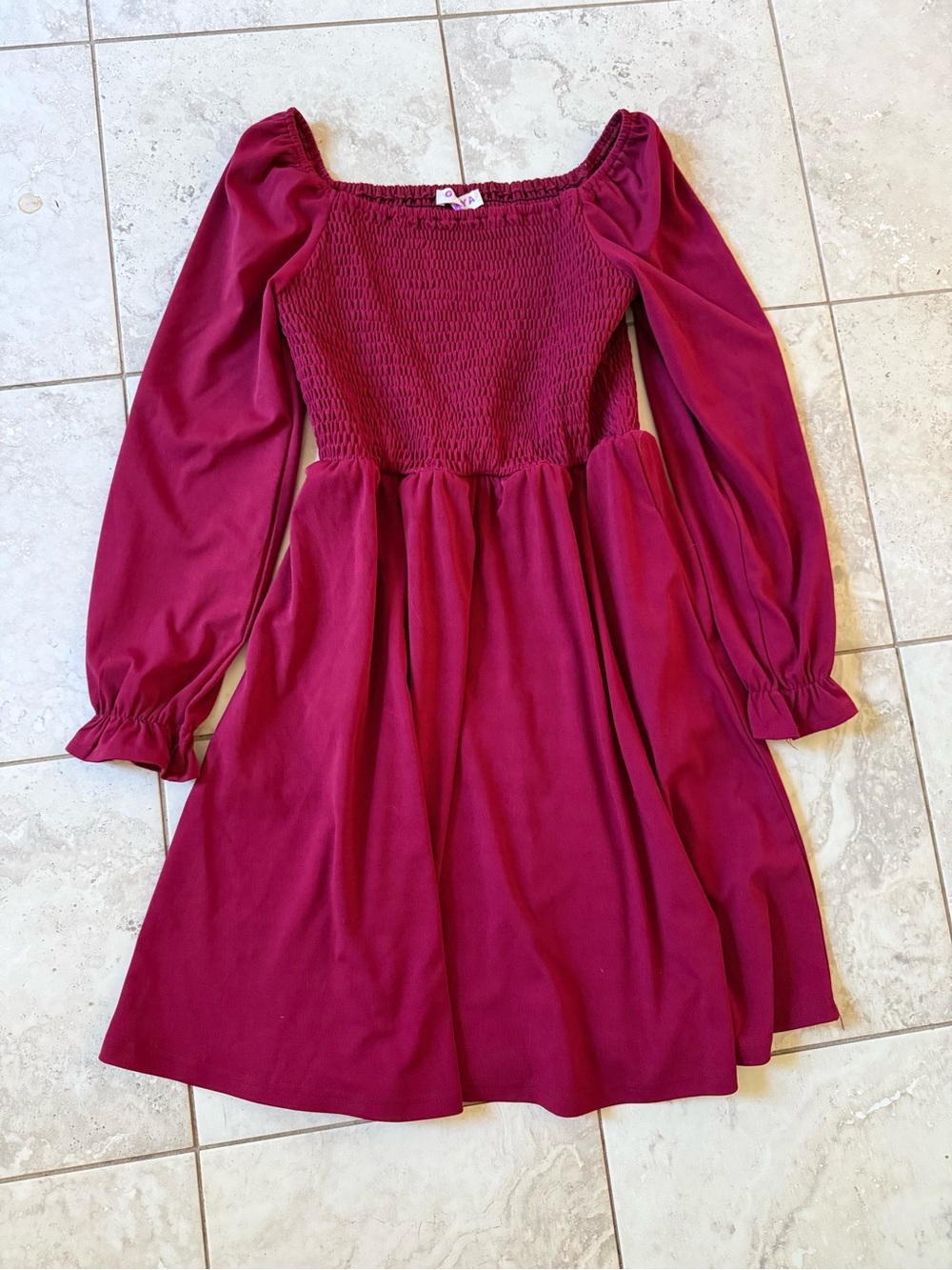 Girls' Burgundy Long-Sleeve Smocked Bodice Dress